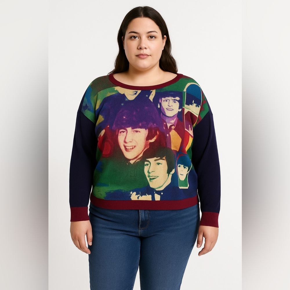 Vintage The Classic Brand Beatles Pop‎ Art Sweater Multicolor Retro Knit size L